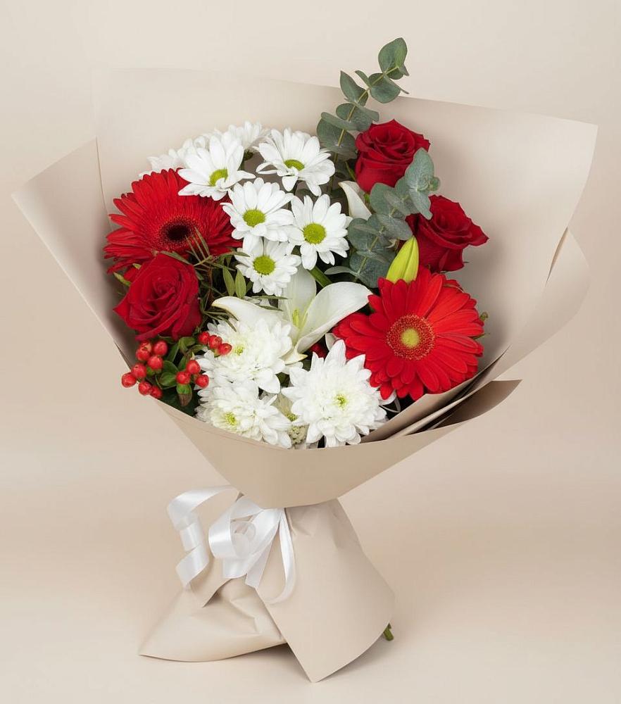 Букет цветов из: Розы, Хризантемы, Герберы и Лилии в Рудничном Кемеровской области