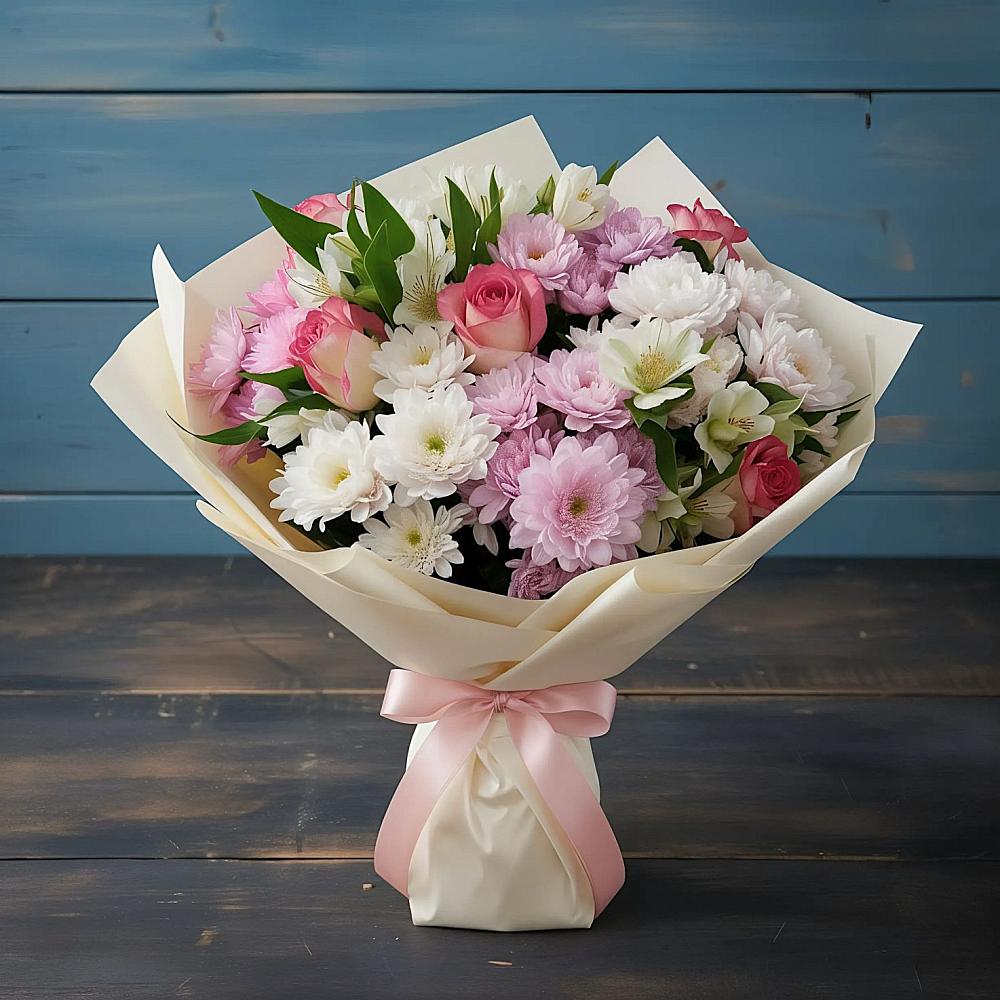 Букет цветов из: Хризантемы, Альстромерии и Розы в Рудничном Кемеровской области